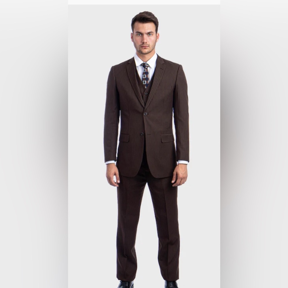 Men's Brown Pinstripe Suit - Classic Tailored Blazer & Trouser 44S